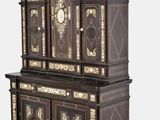 a wooden cabinet that has a clock on top of it