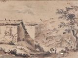 dessin représentant un paysage avec une maison et un cheval au premier plan