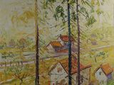 une peinture représentant une peinture d'une maison dans les bois