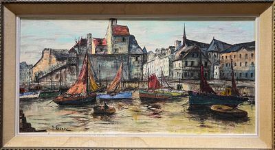 une peinture représentant une scène portuaire avec des bateaux dans l'eau