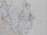 an old drawing of a woman ' s head in profile