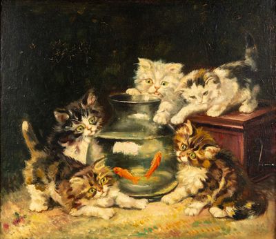 tableau représentant un groupe de chatons jouant avec un poisson dans un bocal