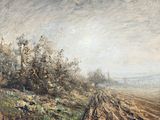 une image représentant un tableau d'un champ labouré avec des arbres en arrière-plan