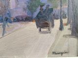 a painting of a horse drawn carriage on the street