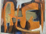 une peinture à l'huile représentant un tableau dans lequel figurent un homme et une femme dans une pièce orange