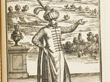 an old book with a picture of a man in a costume