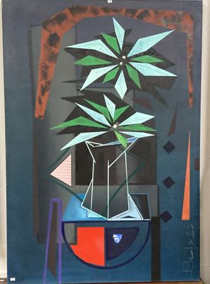 un tableau représentant une plante dans un vase posé sur une table