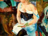 une peinture à l'huile représentant une femme assise sur une chaise devant un miroir