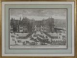 une vieille photo représentant un grand bâtiment avec beaucoup de monde dessus
