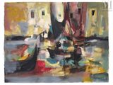 peinture abstraite de bateaux dans un port avec des bâtiments en arrière-plan