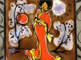 an image of a woman in a red and yellow dress holding an umbrella