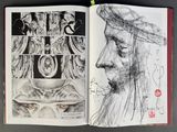 a drawing of a man in a hat and a drawing of a woman