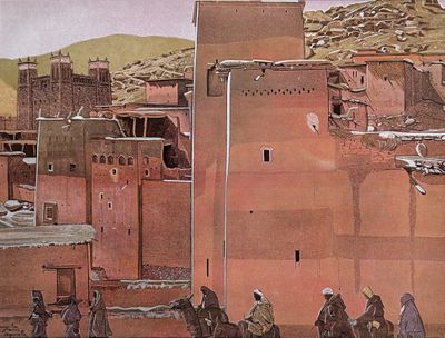 painting of a group of people riding camels in front of a building