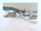 painting of a snowy village with a church steeple in the background