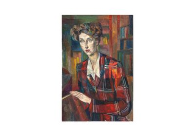 tableau représentant une femme vêtue d'une veste rouge et noire