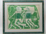 painting of three people and a dog in a green frame