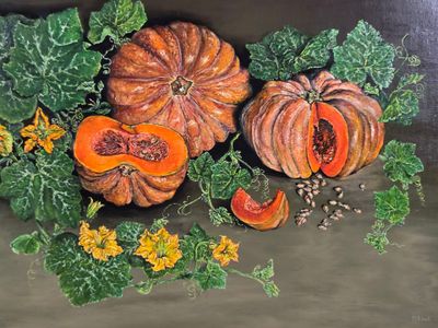 un tableau représentant des citrouilles et d'autres légumes posés sur une table