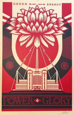 a red and black poster with a large flower in the center