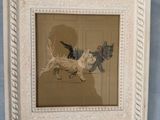 painting of a dog running in the air in a white frame
