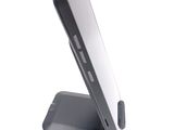 a close up of a cell phone on a stand