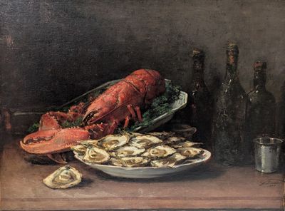a painting of a lobster and oysters on a table