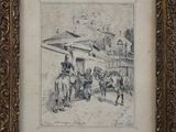 an old drawing of a horse drawn by a man and a woman