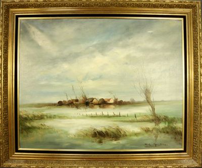 une peinture à l'huile représentant une scène de vie à la ferme, avec un étang au premier plan