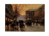 une peinture représentant une rue de la ville avec des voitures et des passants