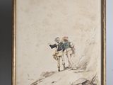 a painting of two men walking up a hill with a dog