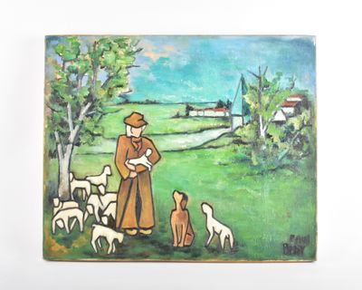 un tableau représentant un homme et un chien dans un champ