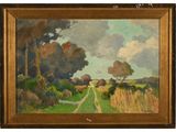 un tableau représentant un paysage avec des arbres et une route