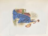 a drawing of a woman in a blue dress sitting on a chair