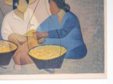 a painting of a woman and a child with bowls of food