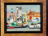 a picture of a painting of boats in a harbor