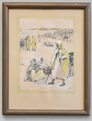 tableau représentant un homme vêtu d'une robe jaune et une femme en robe blanche