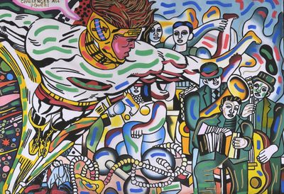 un tableau représentant un homme à cheval entouré de personnes