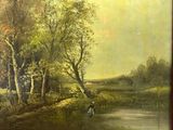 a painting of a man fishing in a river