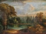 tableau représentant un tableau d'une rivière avec un château en arrière-plan