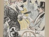 drawing of a man and a woman at a table with a cat