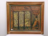 painting of a train station with a view of the tracks