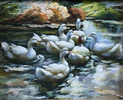 "Cygnes" Huile sur panneau de bois