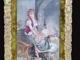 tableau représentant une femme assise sur un banc à côté d'un chat