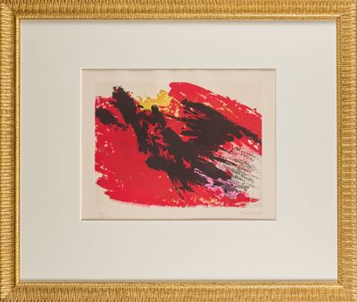 an image of a picture of a red and black painting in a gold frame