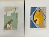 two framed paintings of a woman and a man sitting on the ground