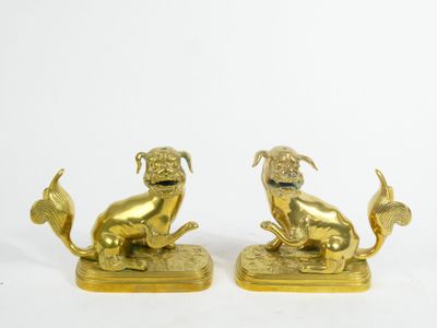 pair of antique brass dog bookends on marble bases