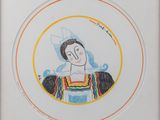 drawing of a woman in a colorful dress with a bird on her head