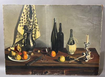 un tableau représentant une table sur laquelle se trouvent une assiette de fruits et une bouteille