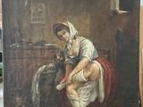 un vieux tableau représentant une femme assise sur une chaise à côté d'un chien