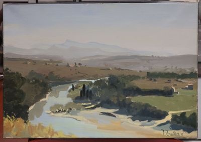 un tableau représentant une rivière qui traverse un champ