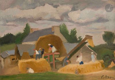 tableau représentant une scène de vie à la ferme avec des balles de foin et des hommes en train de travailler dessus